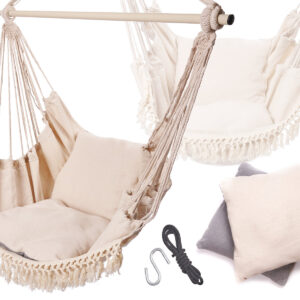 Hamak brazylijski krzesło z poduszkami ecru frędzle metalowy pałąk